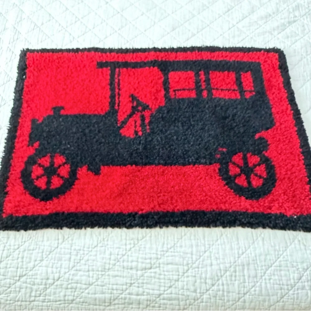 Vintage Latch Hook Rug Wall Hanging 36x24 Antique Car Red Black Textile Art